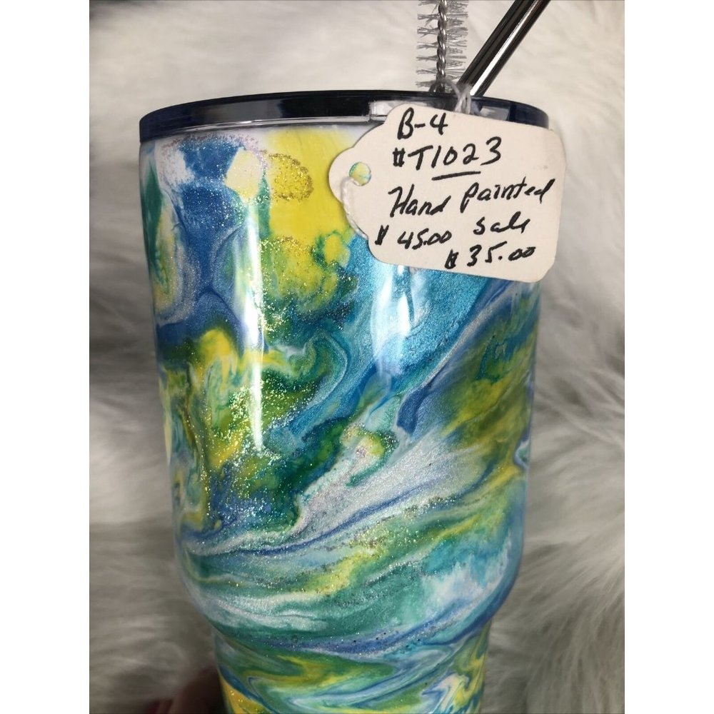32 Ounce Tumbler Hand Painted Teal’s Blues Yellows Pearls & Glitter Lid Custom - Picture 7 of 16